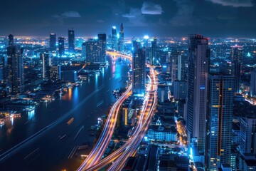 Wall Mural - Panoramic view of a city's skyline at night, taken from the rooftop