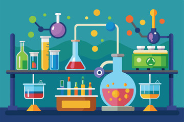 Sticker - A colorful chemistry lab filled with diverse glassware and liquids, showcasing the preparation for scientific experiments in a dynamic environment