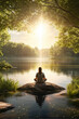 © EVISUAL - Nature's Sanctuary: person meditating by a tranquil lake. The combination of a serene lake, lush forest, and a meditating figure creates a harmonious and inspiring image. generative AI