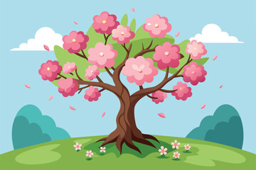 Poster - A vibrant cherry tree blossoms in a peaceful park, surrounded by soft hills and colorful flowers under a clear blue sky