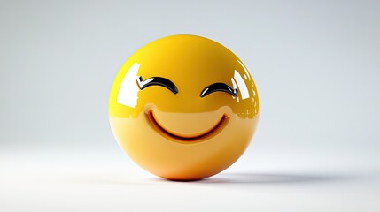 A vibrant 3D rendering of a yellow emoticon with a smiling facial expression. The emoticon features closed, curved eyes and a broad smile, set against a light background.