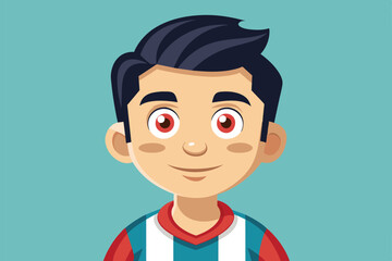 Wall Mural - A cheerful young boy with dark hair and bright eyes smiles, wearing a colorful striped shirt on a warm, inviting background