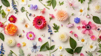 Sticker - Floral flat lay with colorful spring flowers and leaves for nature-themed greeting card design.