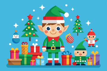 Sticker - Two festive elves stand among colorful presents and decorated Christmas trees, capturing the joyful spirit of the holiday season