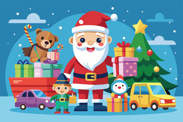 Poster - Santa Claus joyfully presents colorful gifts alongside a decorated tree and cheerful children during the festive holiday season