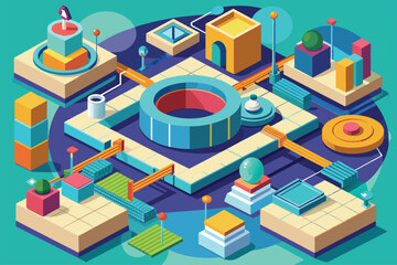 Wall Mural - A vibrant isometric landscape showcases customizable circles and geometric shapes, creating an engaging and colorful urban design for creative projects