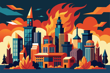 Sticker - Flames rise dramatically above a city skyline at dusk, illuminating buildings and evoking a sense of chaos and urgency in the urban landscape