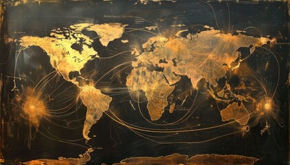 World map with intricate golden lines depicting global connections and travel routes