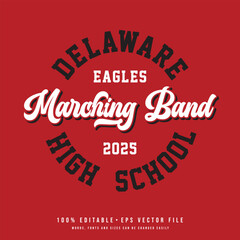 Wall Mural - Delaware marching band college t-shirt design printable text effect vector. High school t-shirt design vector