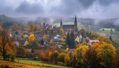 autumn landscape featuring a historic castle and village in a valley under overcast skies