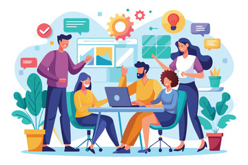 Canvas Print - A group of colleagues engages in a collaborative project discussion, sharing ideas and working together in a vibrant office environment