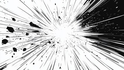 Dynamic manga motion effects with comic-style speed lines, action graphics, and explosive bursts on a clean white backdrop. Abstract illustration.