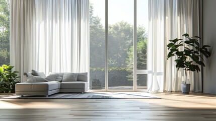 Poster - Empty modern living room with large window and closed curtains