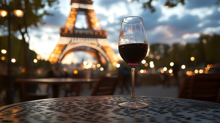 A glass of wine stands on a table in a cafe against the background of the Eiffel Tower