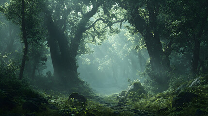 A serene forest with tall, ancient trees and a gentle mist