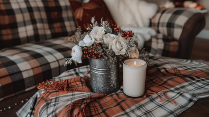 Wall Mural - A rustic autumn centerpiece with small pumpkins, white flowers