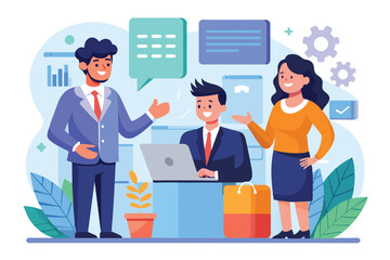 Poster - Three professionals engage in a consultative sales discussion at a modern office, utilizing technology and friendly interaction to drive collaboration