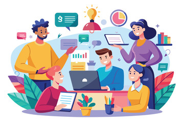 Wall Mural - A group of professionals discusses work projects while sharing ideas in a vibrant office setting filled with plants and digital tools