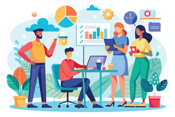 Wall Mural - A diverse team discusses work projects while analyzing data charts and sharing ideas in a vibrant office environment