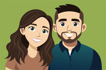 Poster - A cheerful couple poses closely, both smiling and showcasing their personalized cartoon features on a vibrant green backdrop