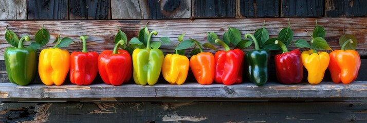 A vibrant arrangement of bell peppers in red, yellow, orange, and green, creating a rainbow effect on a rustic wooden surface