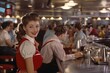 © Coffee Cafe Lover - Vintage Welcome: Smiling Waitress in 1950s American Diner with Retro Decor Welcoming Guests to Seats