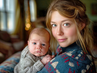 Sticker - A woman is holding a baby in her arms. The baby is wearing a gray sweater. The woman is smiling at the camera