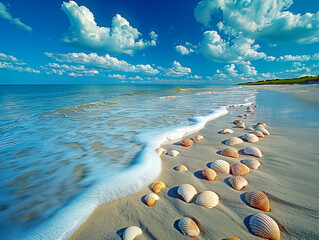 Wall Mural - The beach is full of shells and the water is calm. The sky is blue with some clouds