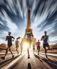  athletes running competition, Eiffel tower in background ,motion blur, towards the camera low angle view ,