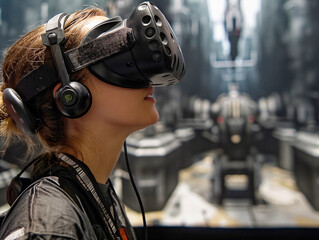 Wall Mural - A woman wearing a virtual reality headset is looking at a robot. The robot is in the background and he is a part of a futuristic setting