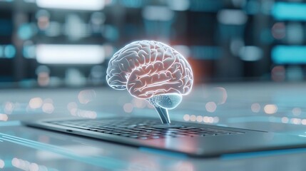 Digital brain hologram floating over laptop keyboard, symbolizing artificial intelligence and technology.