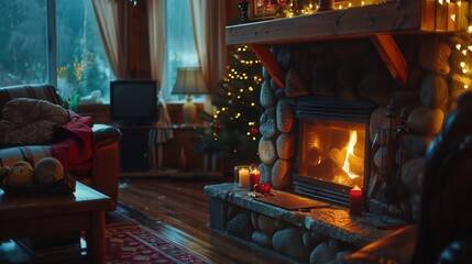 Wall Mural - The flickering flames of a fireplace create a cozy atmosphere in a warmly lit living room adorned with festive decorations. Generative AI