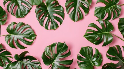 Wall Mural - Monstera leaves on pink background: flat lay view