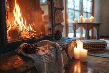 Wall Mural - A roaring fireplace casts a warm glow, surrounded by candles and cozy decor, creating an inviting atmosphere perfect for relaxation and comfort. Generative AI