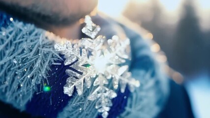 Canvas Print - A closeup of a snow crystal on a persons scarf with the light reflecting off the crystals surface and creating a sparkling effect.