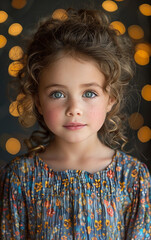 Wall Mural - A young girl with long curly hair and blue eyes is wearing a floral dress. She is smiling and looking directly at the camera