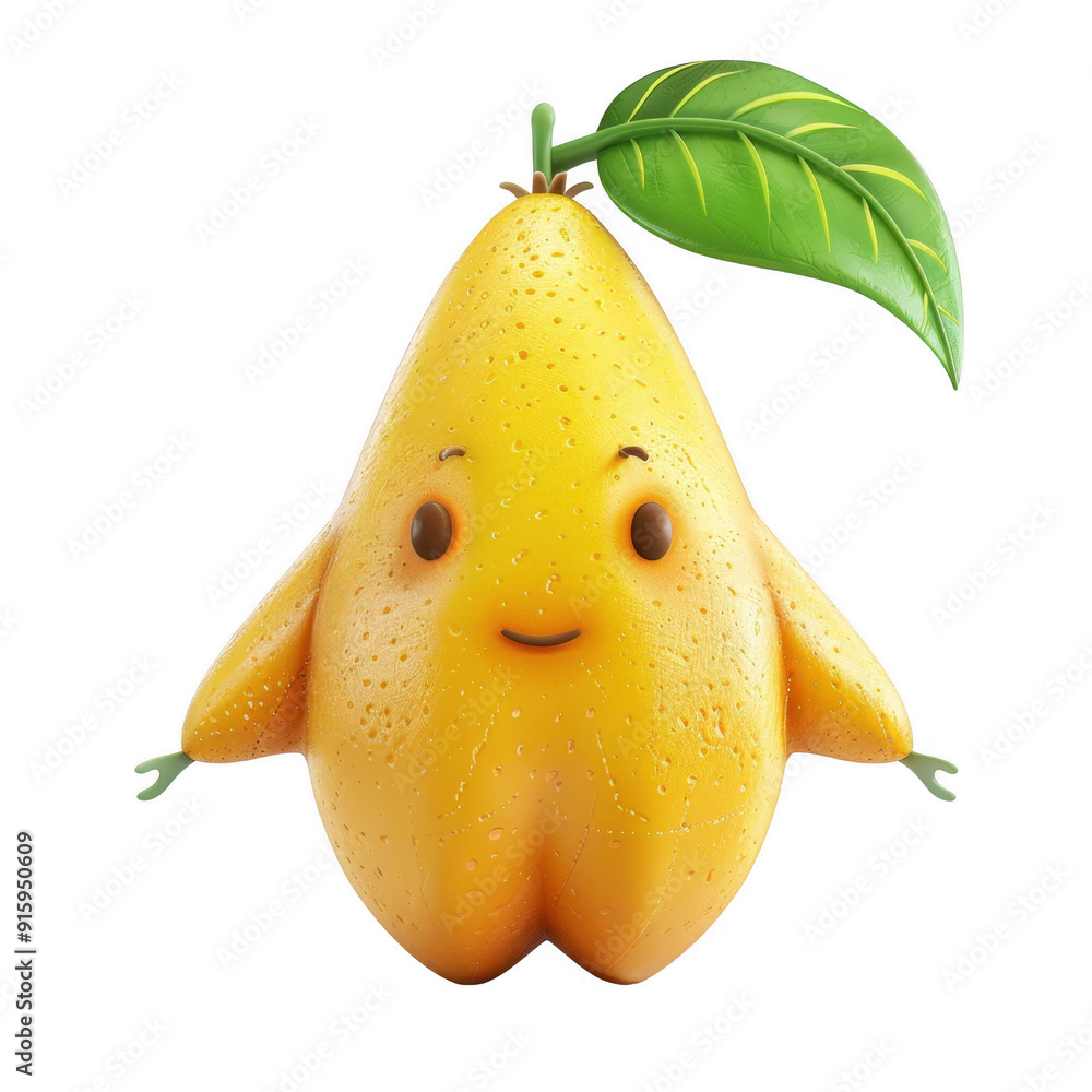 Cute Cartoon Yellow Pear Character with Green Leaf PNG Set with ...