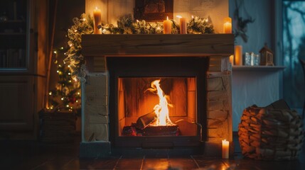 Leinwandbilder - The fireplace flickers with warmth, surrounded by candles and a festive atmosphere, inviting comfort during a chilly evening. Generative AI