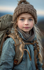 Wall Mural - A young girl wearing a brown hat and a blue jacket is standing in front of a backpack. She has long blonde hair and a blue eye