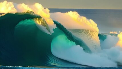 Wall Mural - Detailed view of a wave cresting and creating a rainbow as the sunlight hits the water droplets in the air.