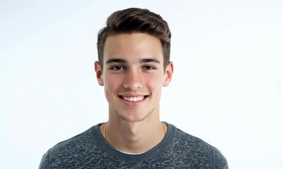 Canvas Print - Portrait of a smiling young man standing against white background and looking at camera