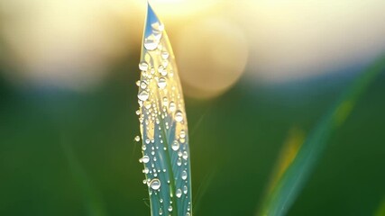 Wall Mural - Closeup of a single dewcovered blade of grass each droplet resembling a sparkling jewel in the early morning light.