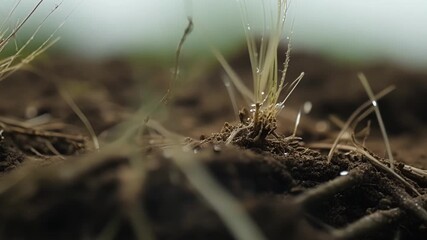 A macro shot of the intricate web of grass roots spreading out in all directions.
