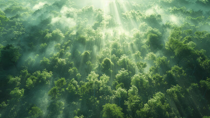 Wall Mural - A scene shot from a bird's eye view shows a dense forest, with trees towering into the clouds and sunlight shining through the leaves,generative ai