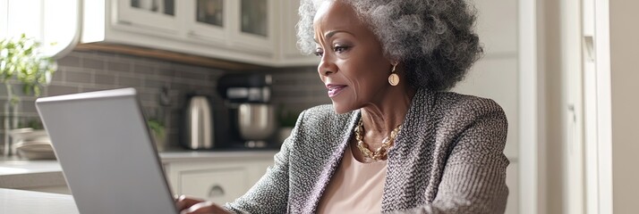 Wall Mural - older african american woman working on laptop, in kitchen, copy space 