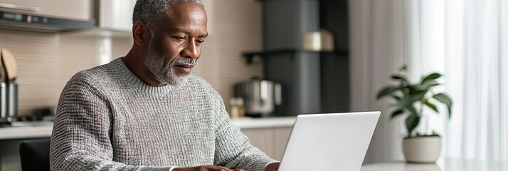 Wall Mural - older black man working on laptop, in kitchen, copy space 