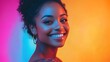 © SprintZz - A confident woman posing against a vibrant backdrop, her bright smile lighting up the portrait photo with a sense of joy and positivity, professional Stock photo