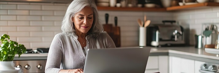 Wall Mural - older latina woman working on laptop, in kitchen, copy space