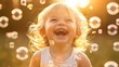 © SprintZz - portrait of a young child laughing, surrounded by bubbles, capturing a moment of pure joy and innocence, beautiful sunlight, professional and sharp stock photo