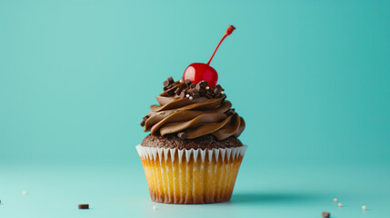 Wall Mural - A delicious chocolate cupcake topped with frosting and a cherry, set against a teal background.